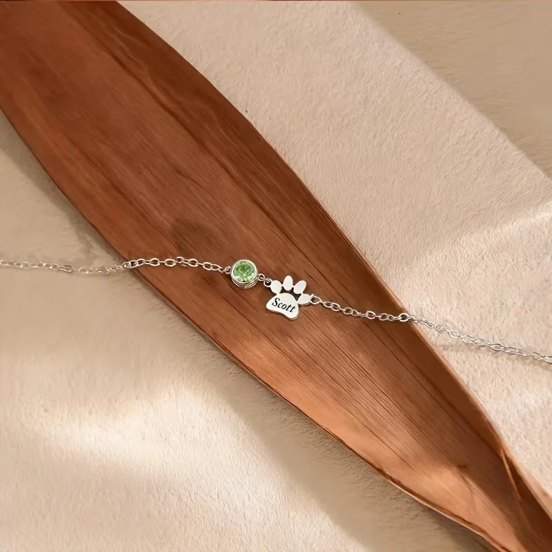 Custom Engraved Pet Paw Print Bracelet Personalized Dog Cat Name Birthstone Bracelet Stainless Steel Jewelry Gift for Pet Lovers view 5