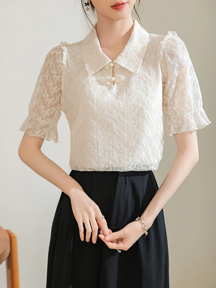 New 2024 Summer Lace Blouse For Women Short Puff Sleeve Beige Color See-through Elegant Tops Chinese Style Shirts & Blouses