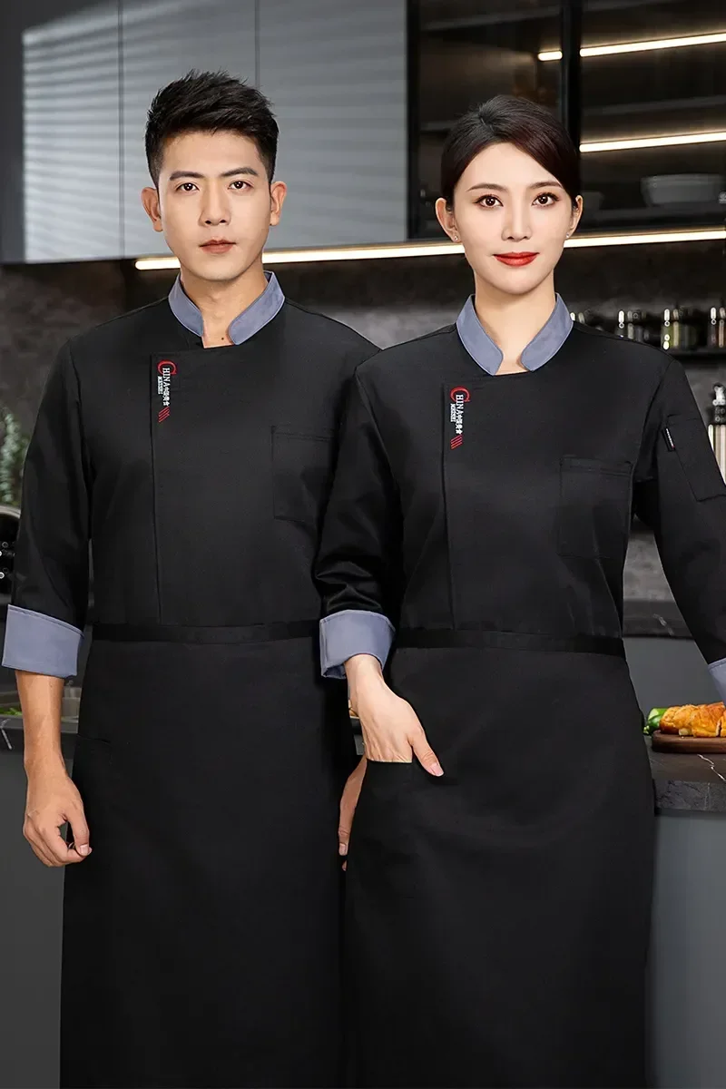 Jacket Waiter Cook Men With Logo Clothes Uniform Apron Sleeve Long Coat Chef Restaurant Hotel T-shirt Work