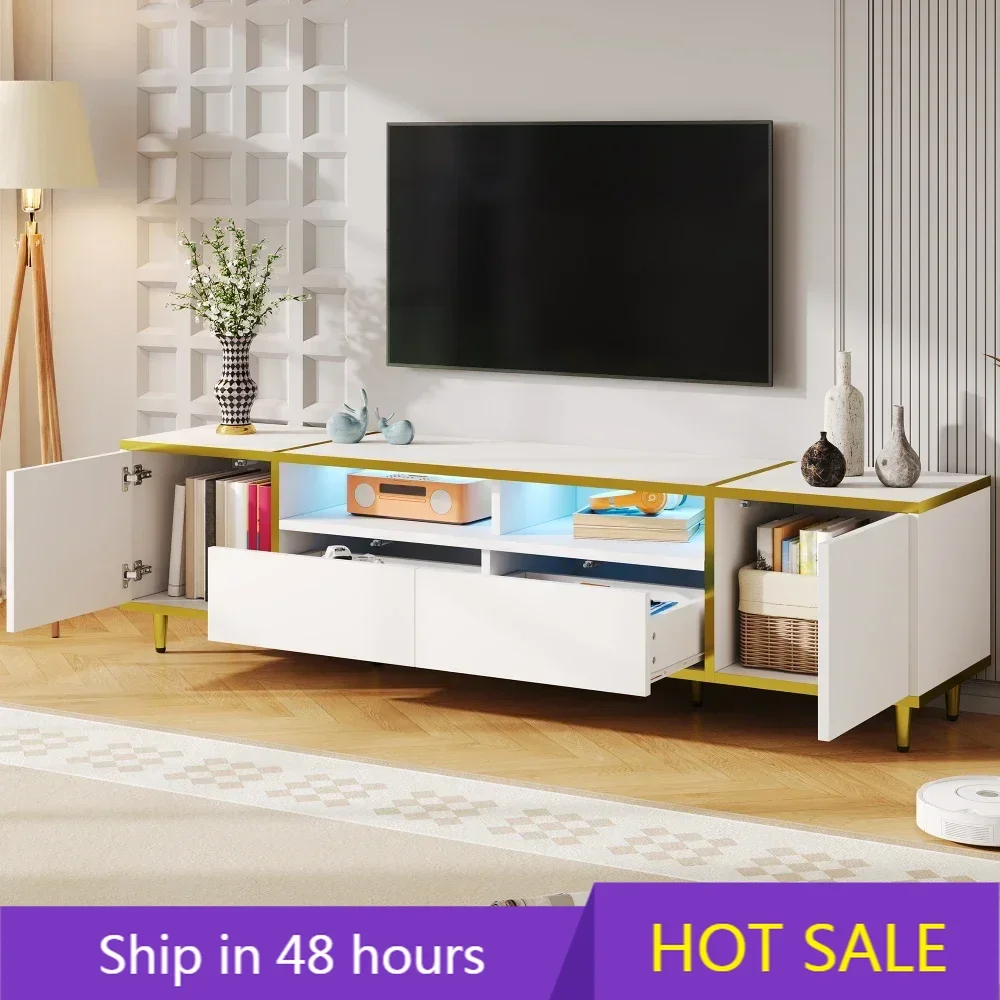 

TV Stand for TVs Up To 80 Inches, Center with 2 Shelves and LED Lights, 2 Drawers,2 Cabinets and Metal Legs for Living Room，tv