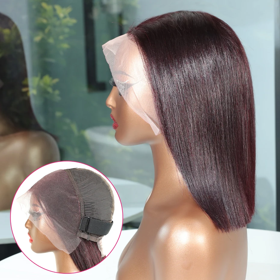 Perruques Bob à densité 250% # Perruque Lace Front 99J Lisse 100% Cheveux Humains, 13x4, Cheveux Remy Vietnamiens Pré-épilés, 12 pouces