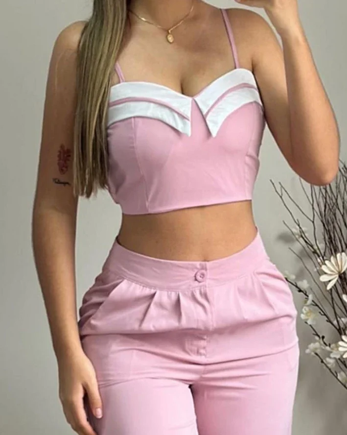 Female Casual Trousers Suits Crop Cami Top & Ruched Pocket Design Straight Leg Pants Set Two Piece Set Women Outfit 2024 Summer