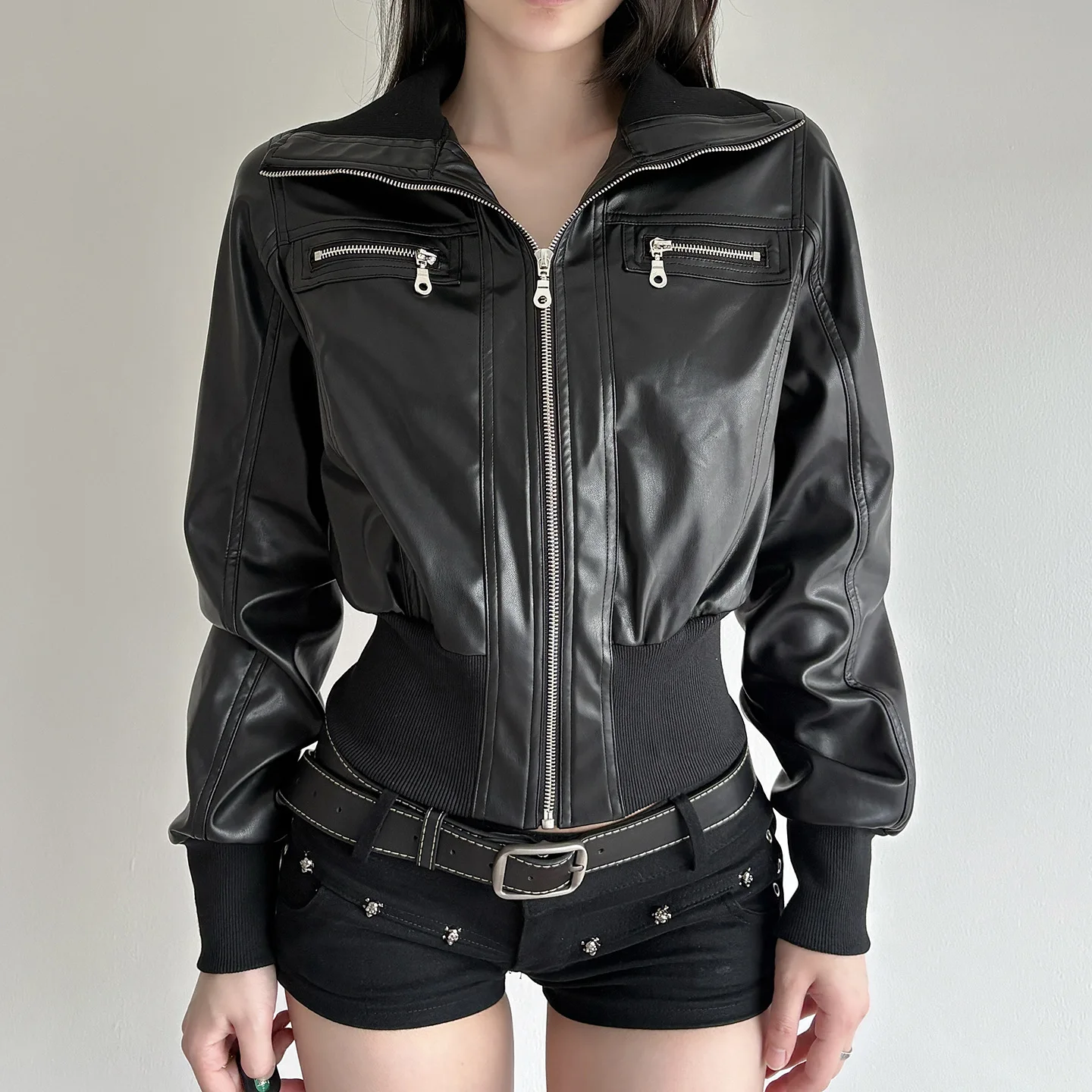 American Retro Dark Leather Pocket Splicing Tooling Jacket New Waist Jacket Top Women