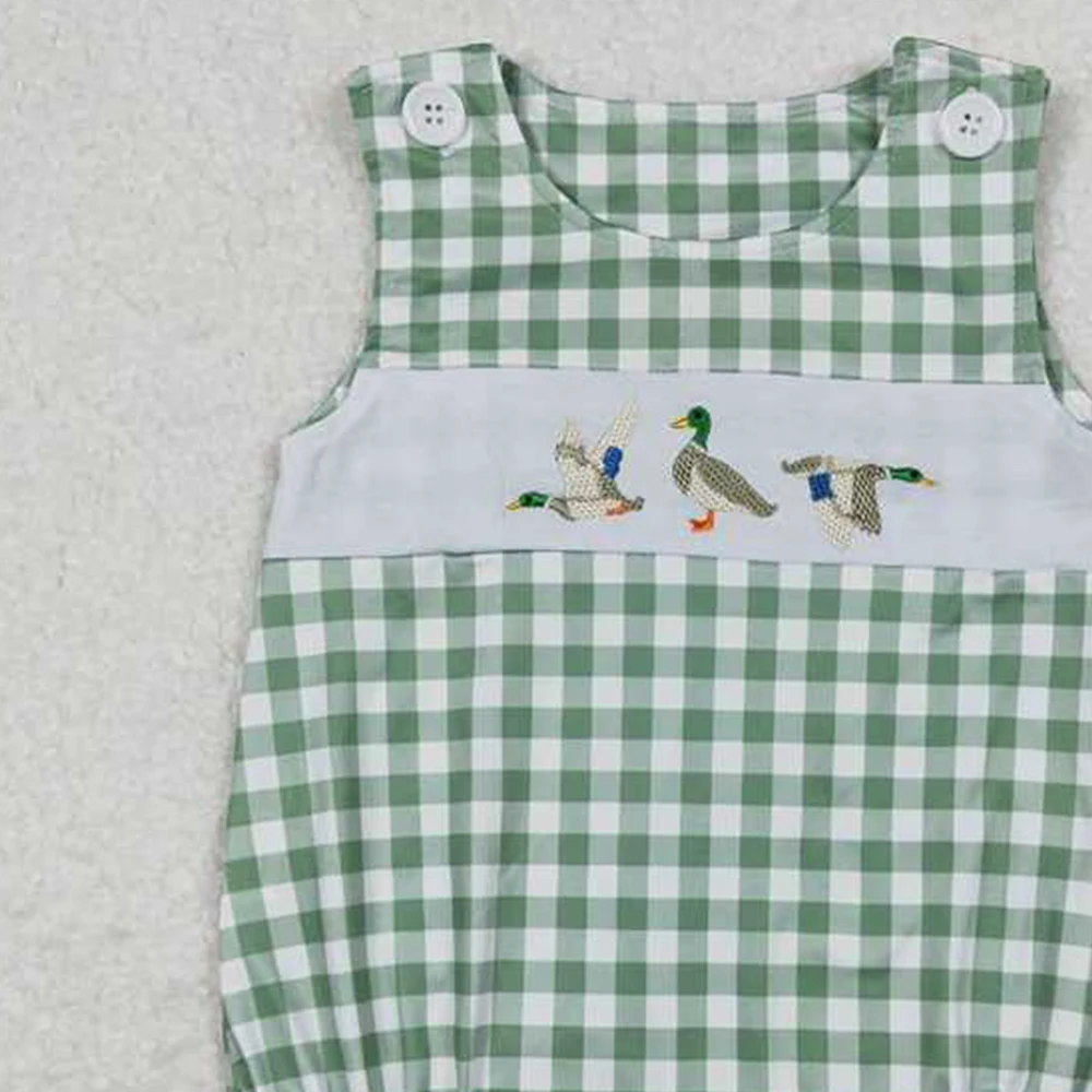 SR1066 Baby Infant Boys Green Checkered Duck Sleeveless Rompers