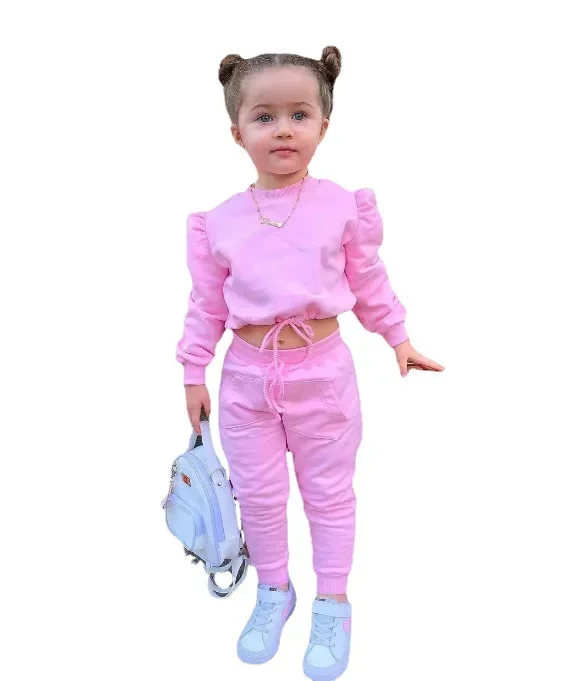 1-8Years Soild Kids Girl Child Suit Outfit Long Sleeve Crop Tops+Pants Sets Fashion Spring Autumn Baby Girl Clothes Suits 2023