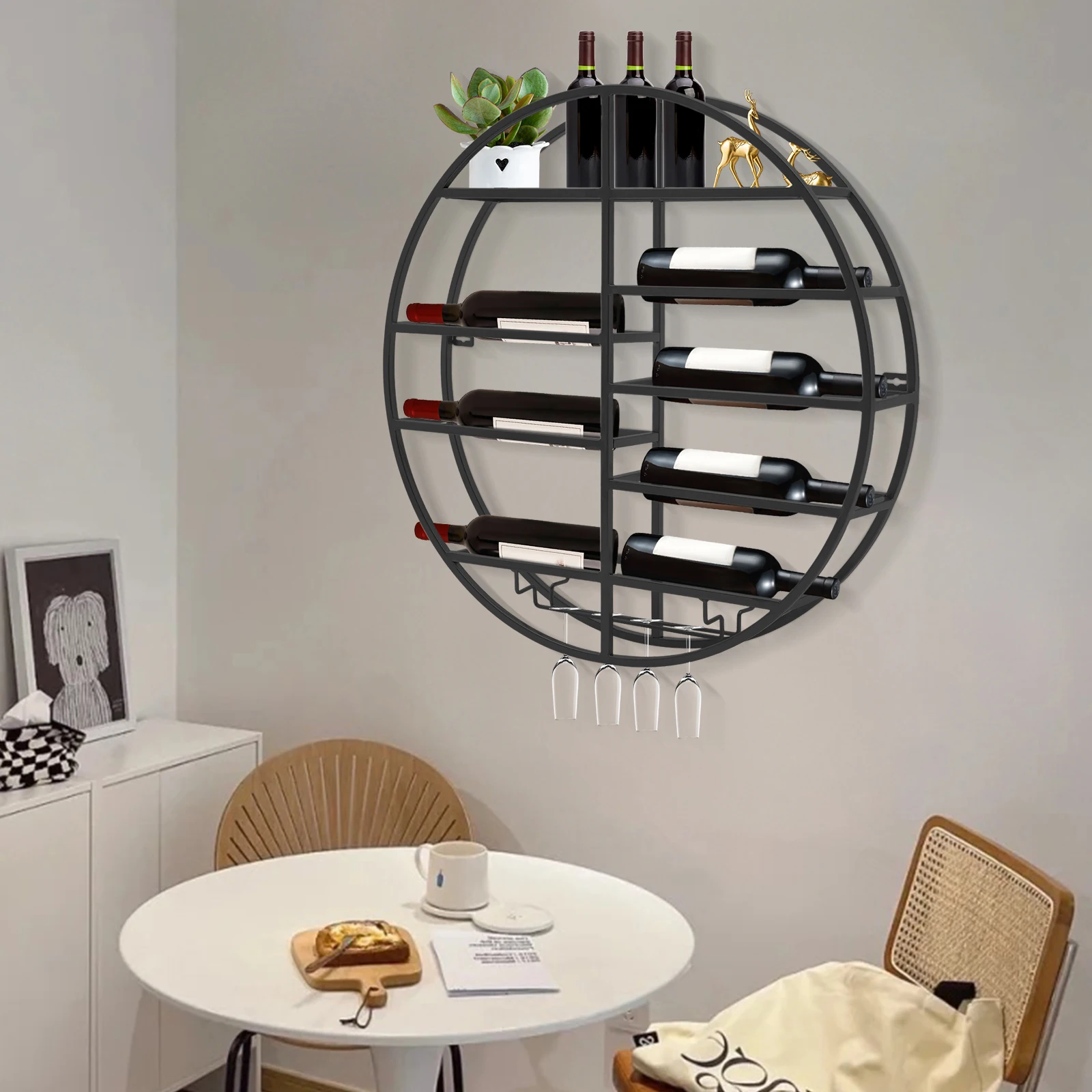 

Wall Mounted Round Wine Rack Black 60*11cm, Wine Display Rack, Wine Shelf with Glass Holder for Living Rooms, Restaurants