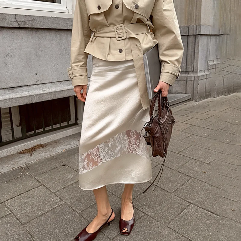 

Talenza Fashion Lace Satin Women's Skirt New See Through Patchwork High Waist Slim Midi Skirts Elegant Streetwear Commuter Dress