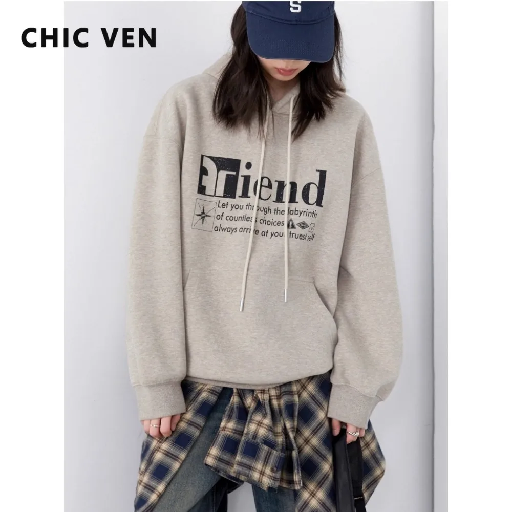 CHIC VEN Women Sweatshirts Loose Casual New Retro Letter Printed Long Sleeve Hoodie Drawstring Female Coat Autumn Winter 2025