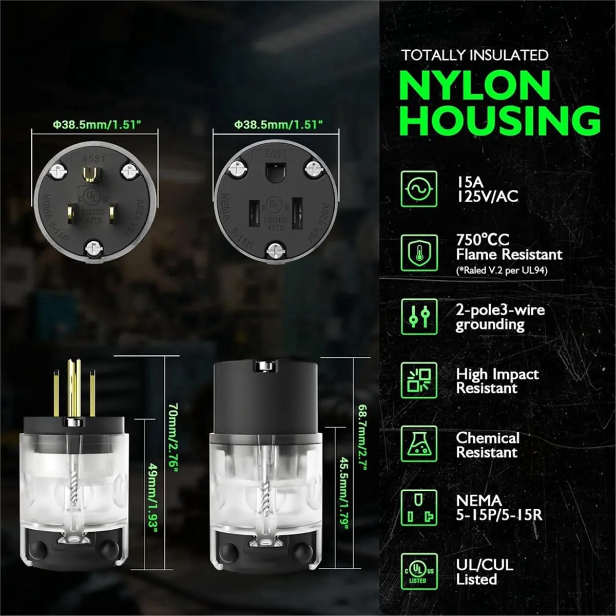 【Cable】 5 Set Lighted Extension Cord Ends, 15A 125V Extension Cord Replacement Ends 3 Prong, Lighted Plug and Connector US Plug