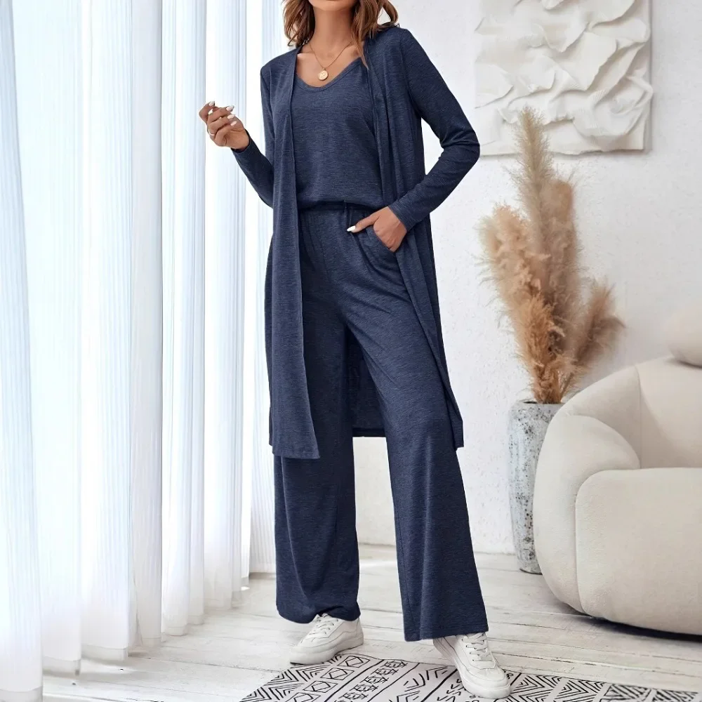 European American Women New Solid Color Cami Top Cardigan Long Pants 3 Piece Daily Wear Outfit