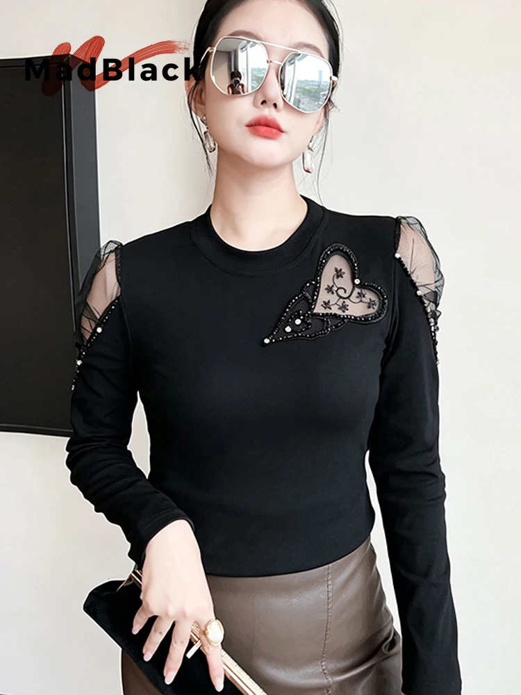 MadBlack-Women European T-Shirt, Sexy O Neck Beading, Hotsweet Long Sleeve Hollowed-out Slim M-3XL Tee, 2026 Autumn New T69338CC
