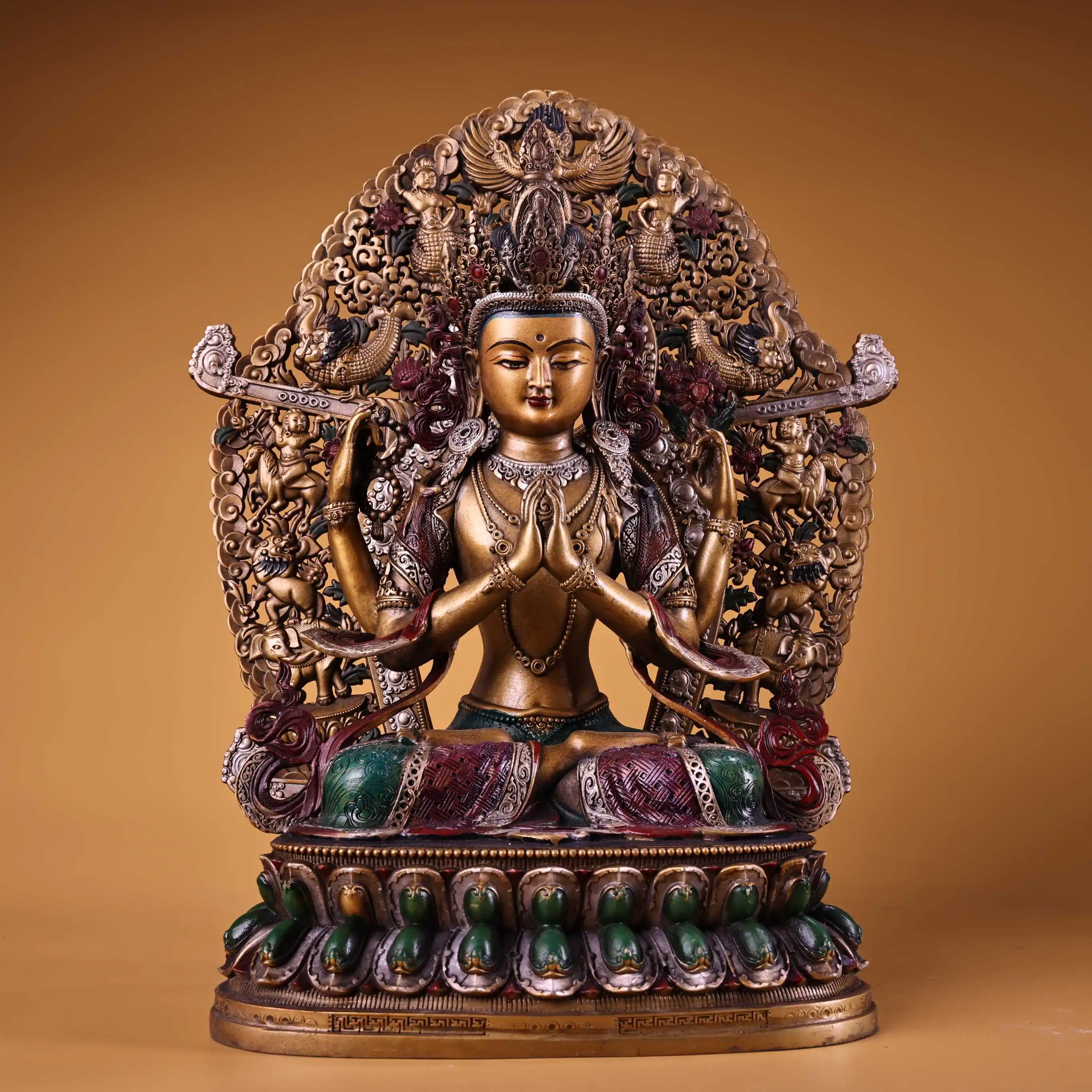 Collection Old Bronze Gilded Painted High Relief Four armed Guanyin Buddha GARUDA Backlight Worship Hall