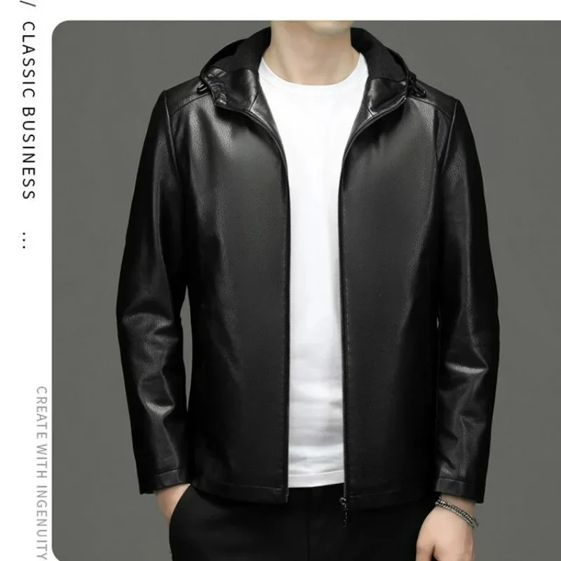

New 2024 Men Artificial Leather Casual Jacket Hooded Thin and Winter Fleece-Lined High-End Solid Color Loose Durable