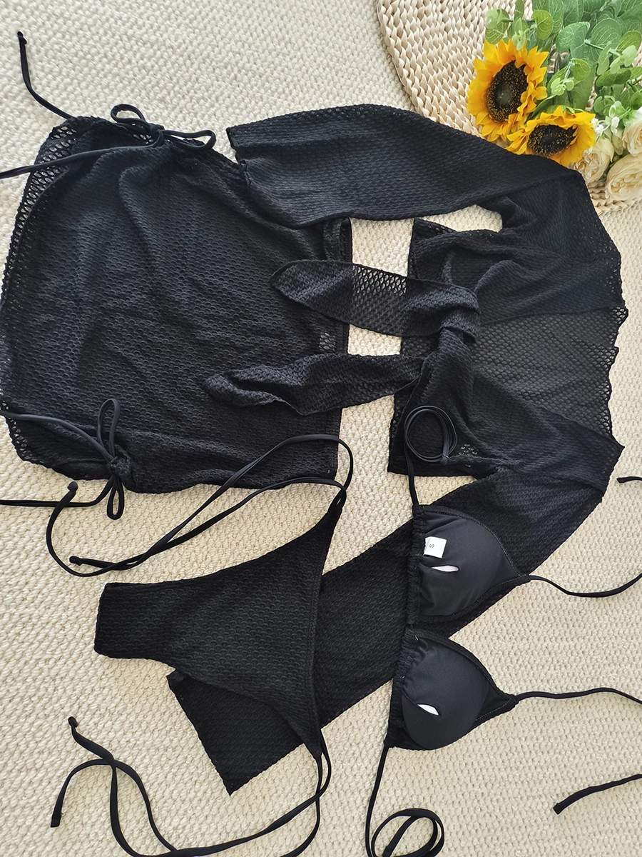 4 Pieces Halter String Bikinis 2025 Tops & Skirt Solid Swimwear Female Sexy Swimsuit Women Bathers Bathing Swimming Swim Suit