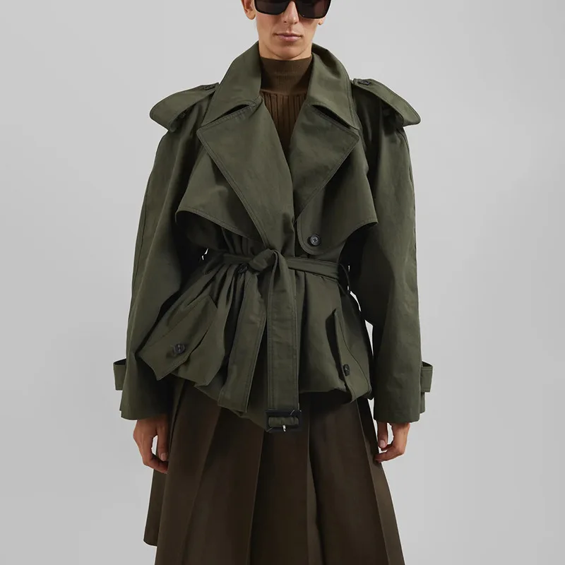 Belt Spliced Epaulet Loose Jacket for Women Lapel Collar Long Sleeve Patchwork Button Casual Jackets Female Fashion Trench