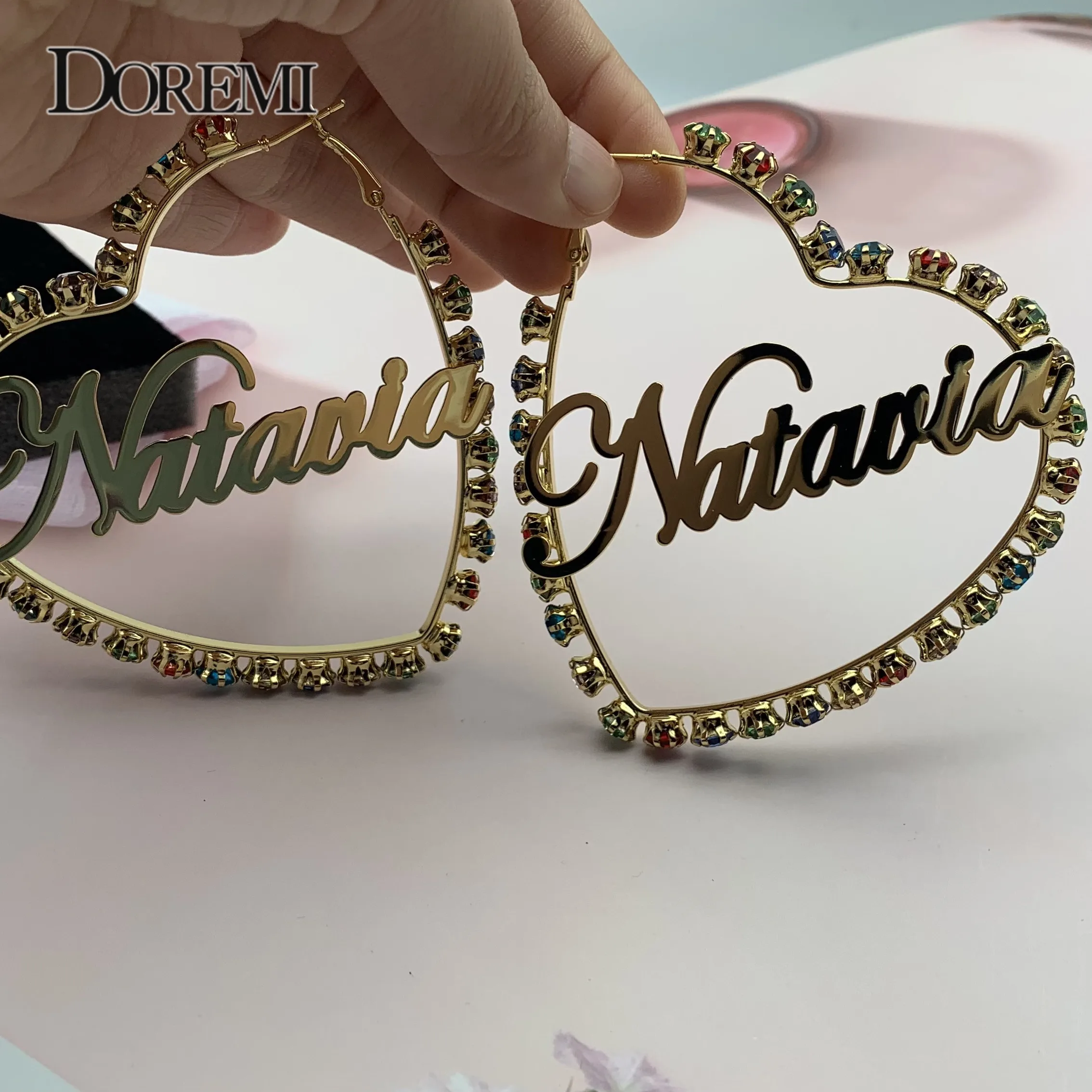 DOREMI Colorful Zircon Custom Letter Earrings Heart Sexy Hoop Earrings Personal Customized Name Earring for Mother's Day Gift