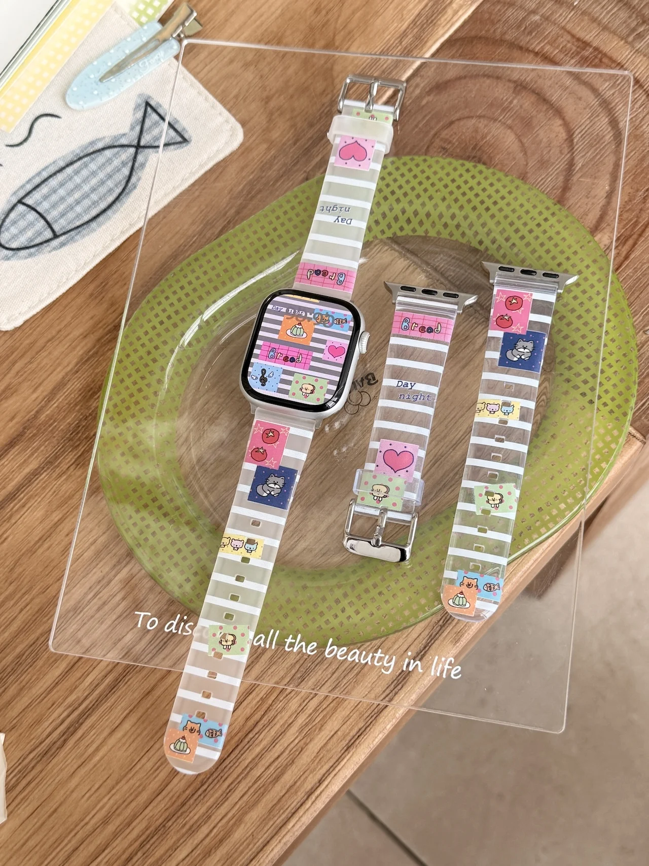 Cartoon Sticker Clear Strap For Cute Striped Watch Band For Apple Watch Ultra SE 11 10 9 8 7 Transparent Daily Wrist Accessory