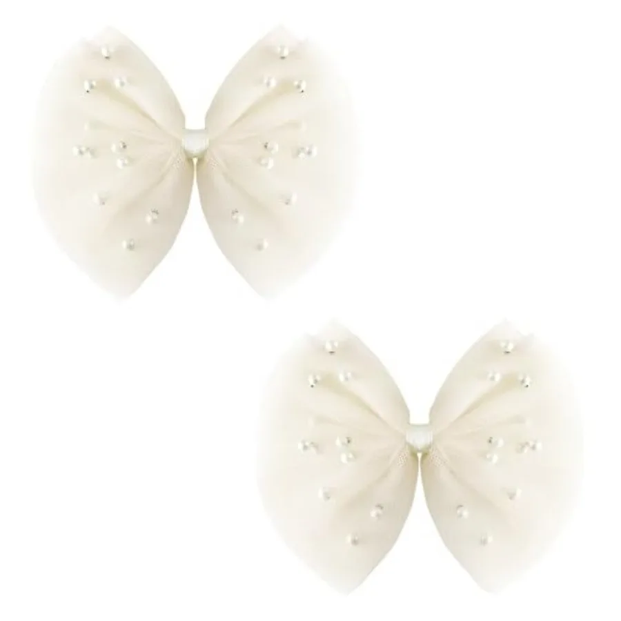 

2 PCS Pearl Hair Bows Hair Clips for Toddler Girls - Elegant Lace Veil Hair Accessories for Birthday, Wedding, Halloween, Thank