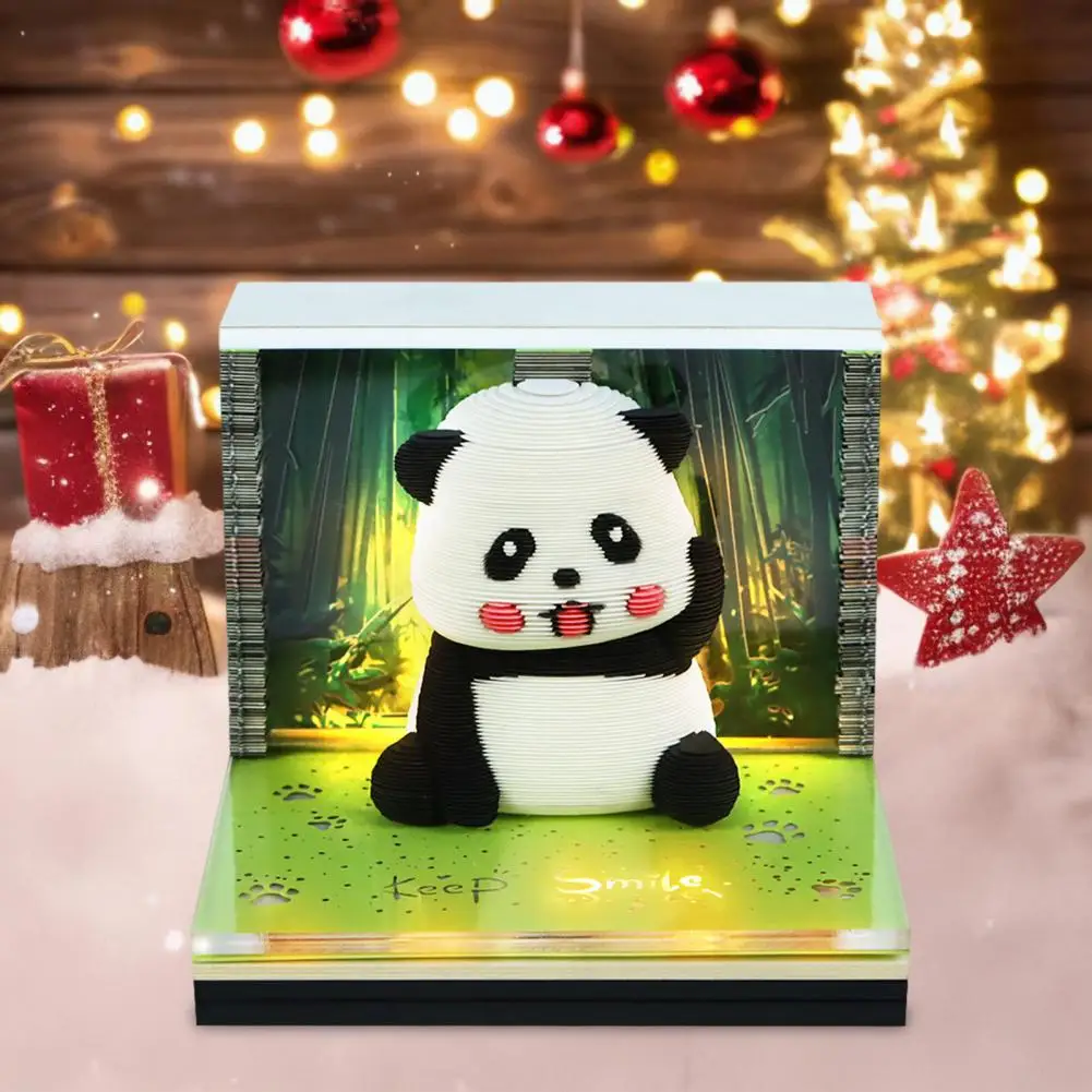 2026 Desk Calendar with LED Light Tear-off Decorative Panda Calendar Christmas Gift 3D Time Piece Calendar Carved Tree Memo Pad