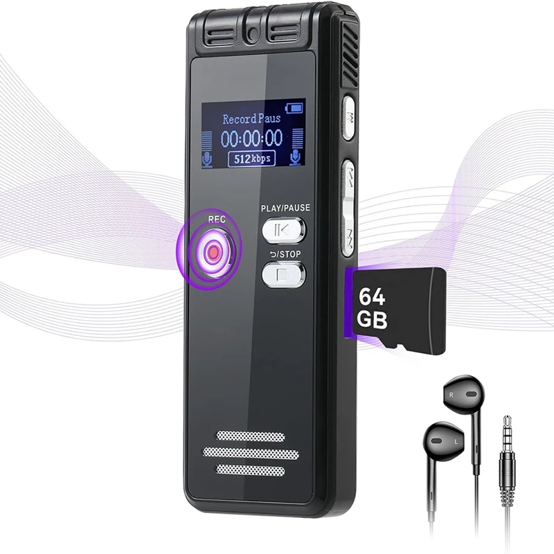 64GB Digital Voice Activated Recorder With Playback - 3072Kpbs HD Dual MIC Tape Recorder For Interviews/Meeting/Classes