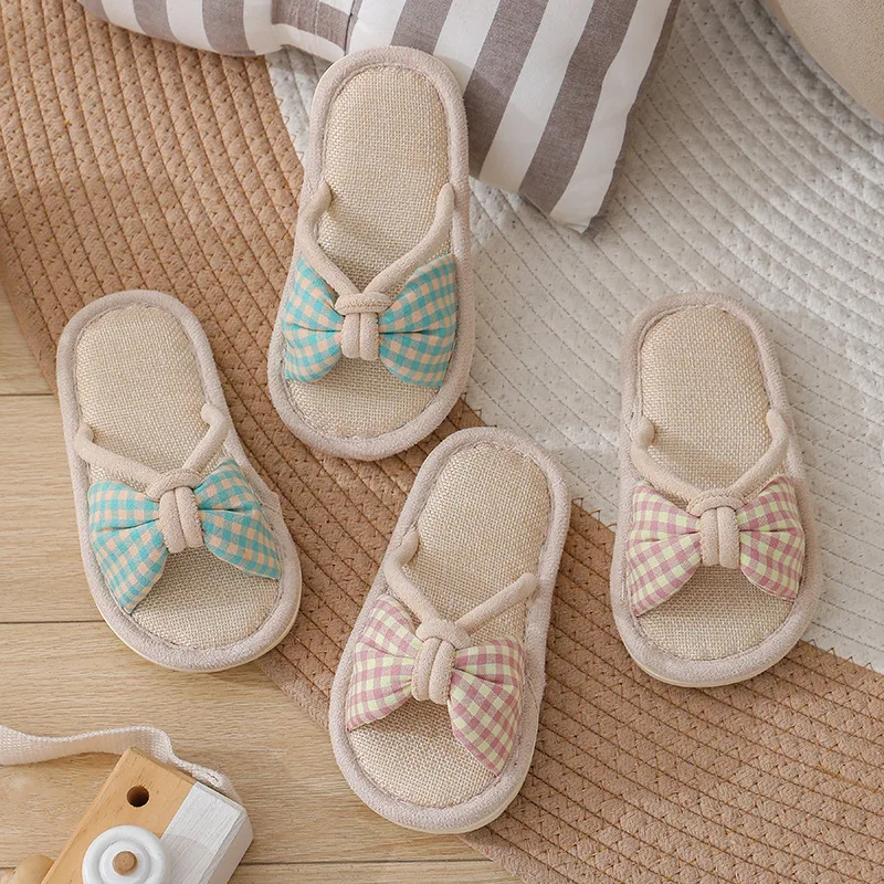 Spring Summer Linen Children Slippers Korean Bow Open Toe Home Shoes Comfort Soft Sole Floor Slipper Indoor Non-slip Girls Shoes