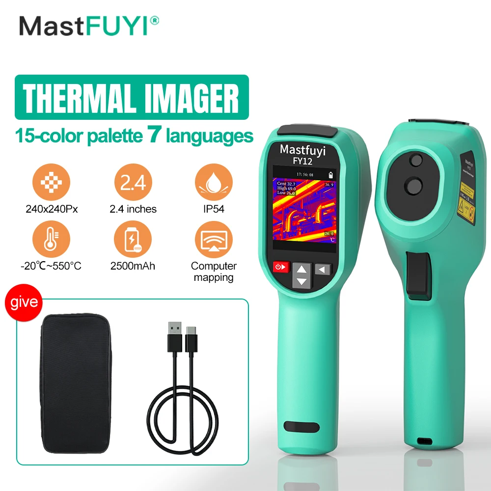 MASTFUYI FY12 Handheld Thermal Imaging Camera -20~550℃ 15 Color Palettes 240×240 Resolution PC Analysis Software Industrial Test