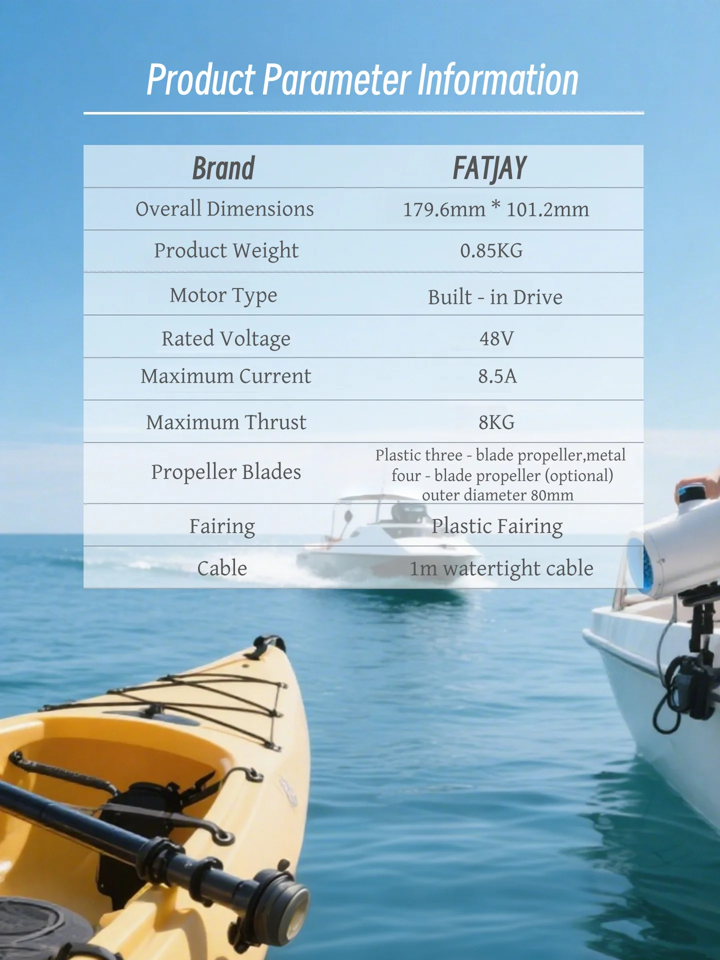 FATJAY KYI-8ET-4810 Propulsor submarino de empuje de 8 KG FOC ESC incorporado, potencia versátil para tablas de remo, barcos no tripulados, barcos RC