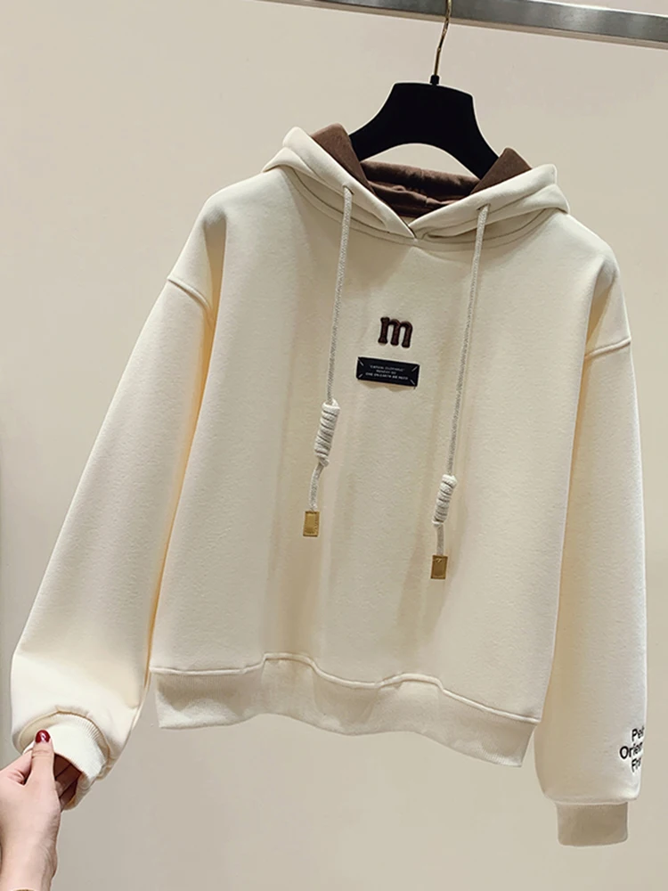 Winter Warm Fleece Thick Hoodies Women Embroidered Letter Pullovers Female 2023 New Loose Long Sleeve Casual Jumper Tops Apricot