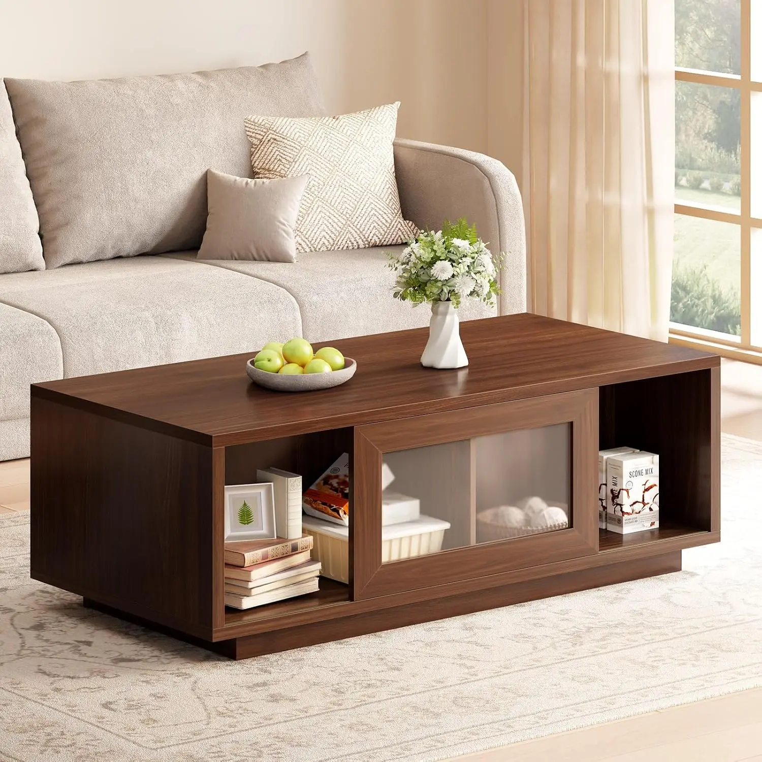 Walnut Coffee Table with Storage Shelf for Living Room 47 Inch, Customized