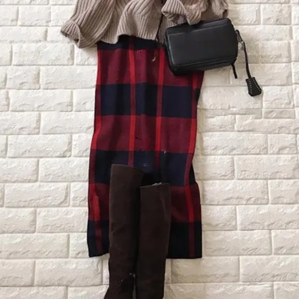 2025 ฤดูใบไม้ร่วง/ฤดูหนาวใหม่ครึ่งคอสูงถักเสื้อกันหนาว + เอวยางยืด Checkered กระโปรงชุด 2 ชิ้น