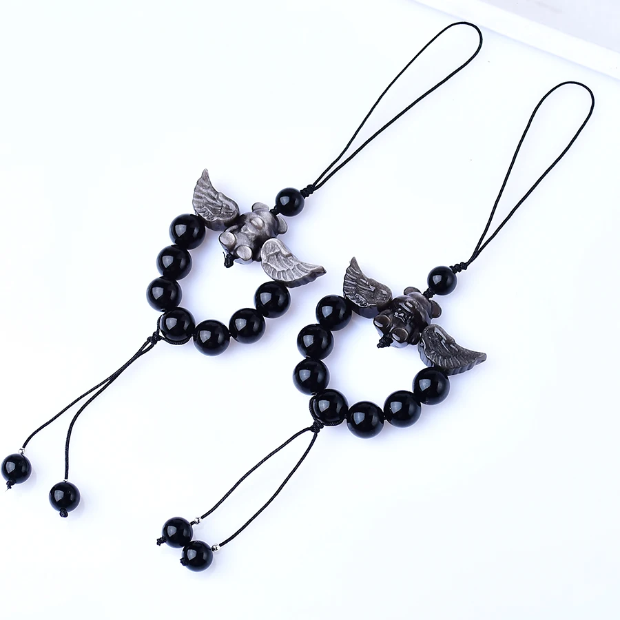 1PC Natural Obsidian Small Bear Cell Phone Key Chain Increase Charm Mineral Healing Crystal Energy Stone Ladies Jewelry DIY Gift