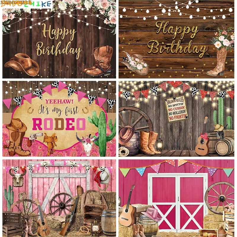 

Cowgirl Party Birthday Photography Backdrops Wooden Western Baby Shower Banner My First Rodeo Photo Studio Background CG-01