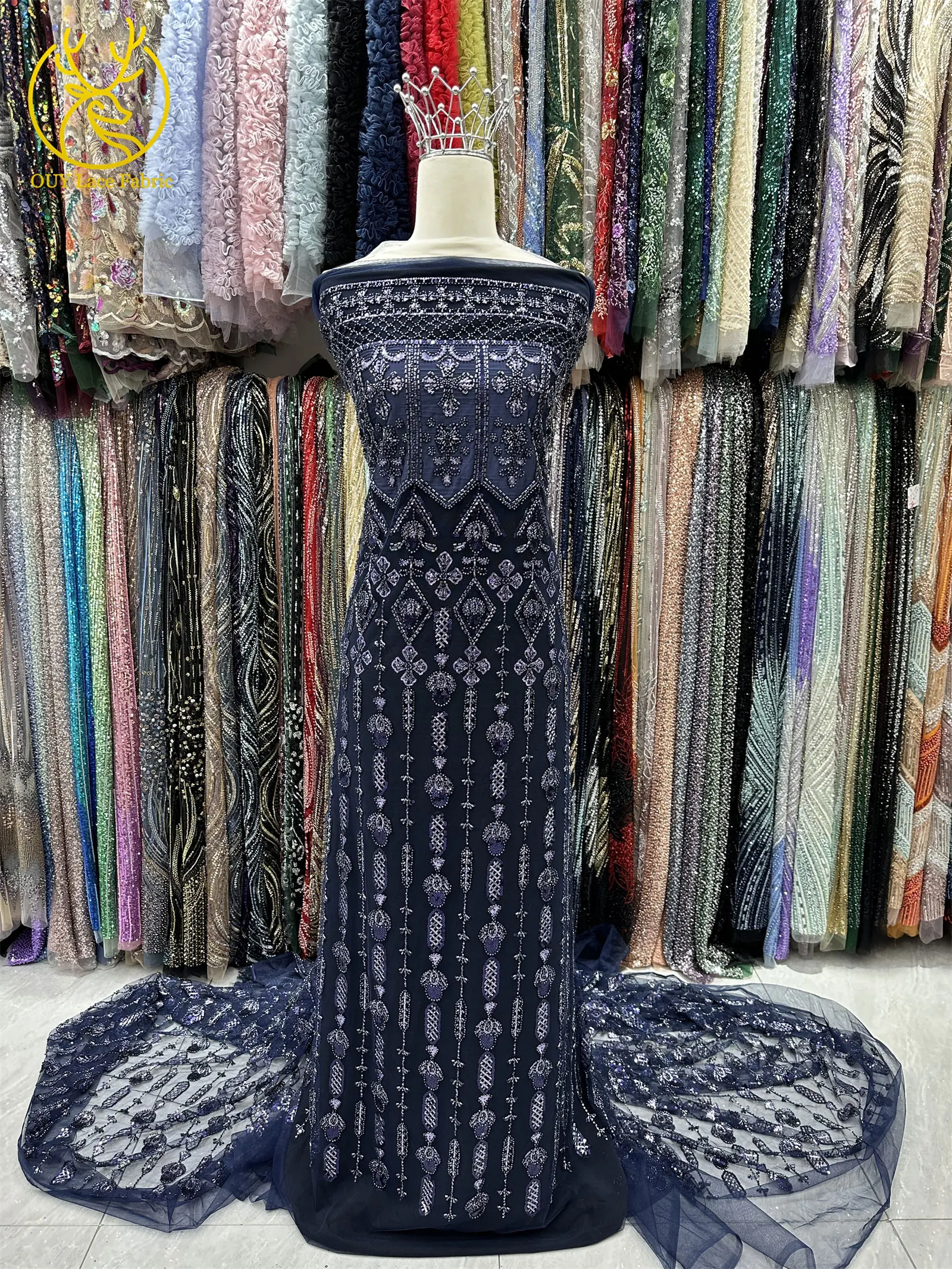 Luxuriöser französischer Pailletten-Spitzenstoff 2026 – Hochwertiger afrikanischer Perlen-Spitzenstoff, nigerianischer bestickter Stoff für Partykleider, 5 Yards – Detail 7