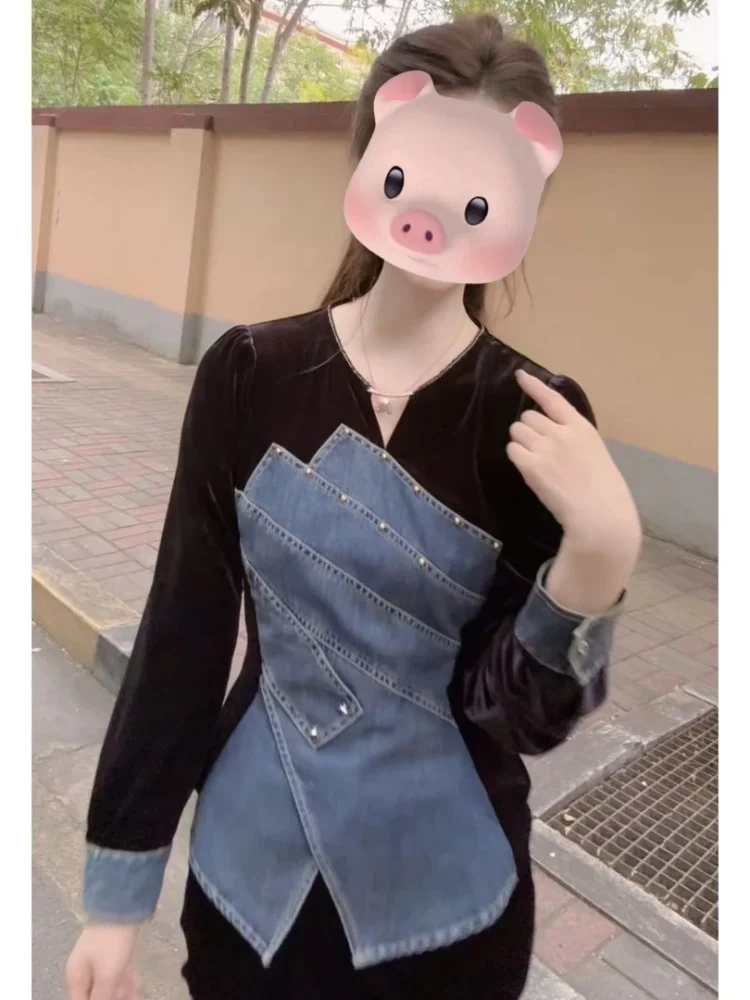 Faionable Patchwork Design irt polyvalent Sle coréen coupe ample longue effet amincissant tenue quotidienne haut pour femme