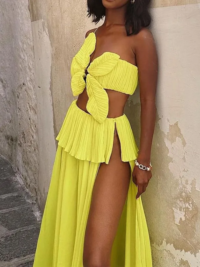 Pale Yellow Women's Split Swimsuit Bow Design Slit Covering Bikini Halterneck Fashion Luxury Beach Skirt Summer 2024 Resort