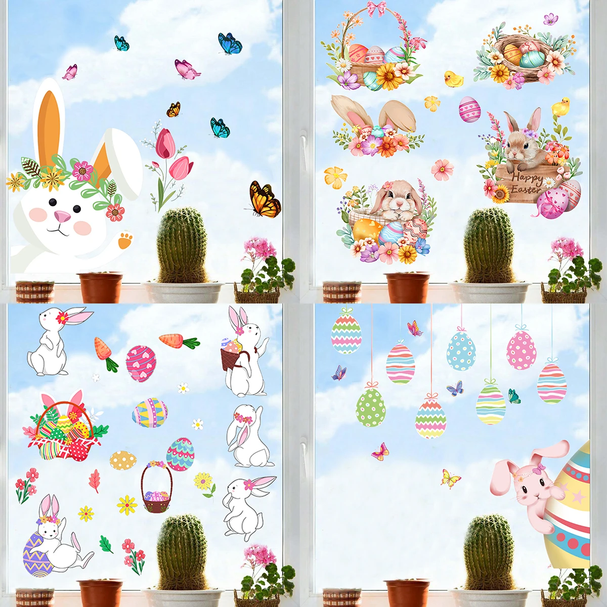 Easter Cartoon Bunny Egg Glass Sticker Happy Easter Party Decoration For Home 2025 Kids Favors Gift Rabbit Flower Window Sticker