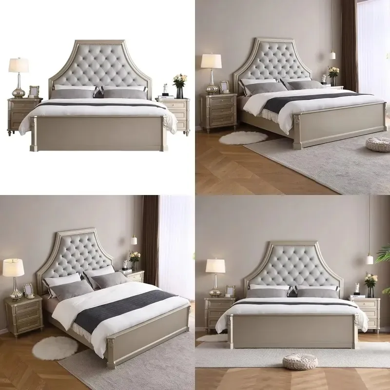 Modern American Solid Wood Bed Frame with Upholstered Headboard Suitable for Master Bedroom Storage Space