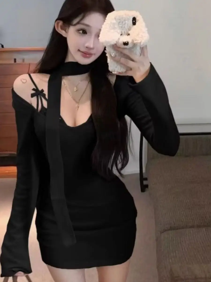 Unique Sash Tummy Control Skirt Women's Autumn Winter Slimming Base Layer Dress Casual High Waist A-Line Knitted Gown