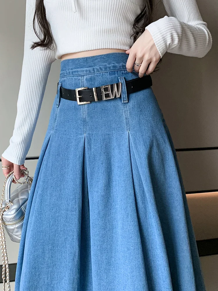 New Women Spring Summer Long Denim Skirt Fashion Vintage High Waist A-Line Skirt Casual Simplicity Blue Denim Skirt