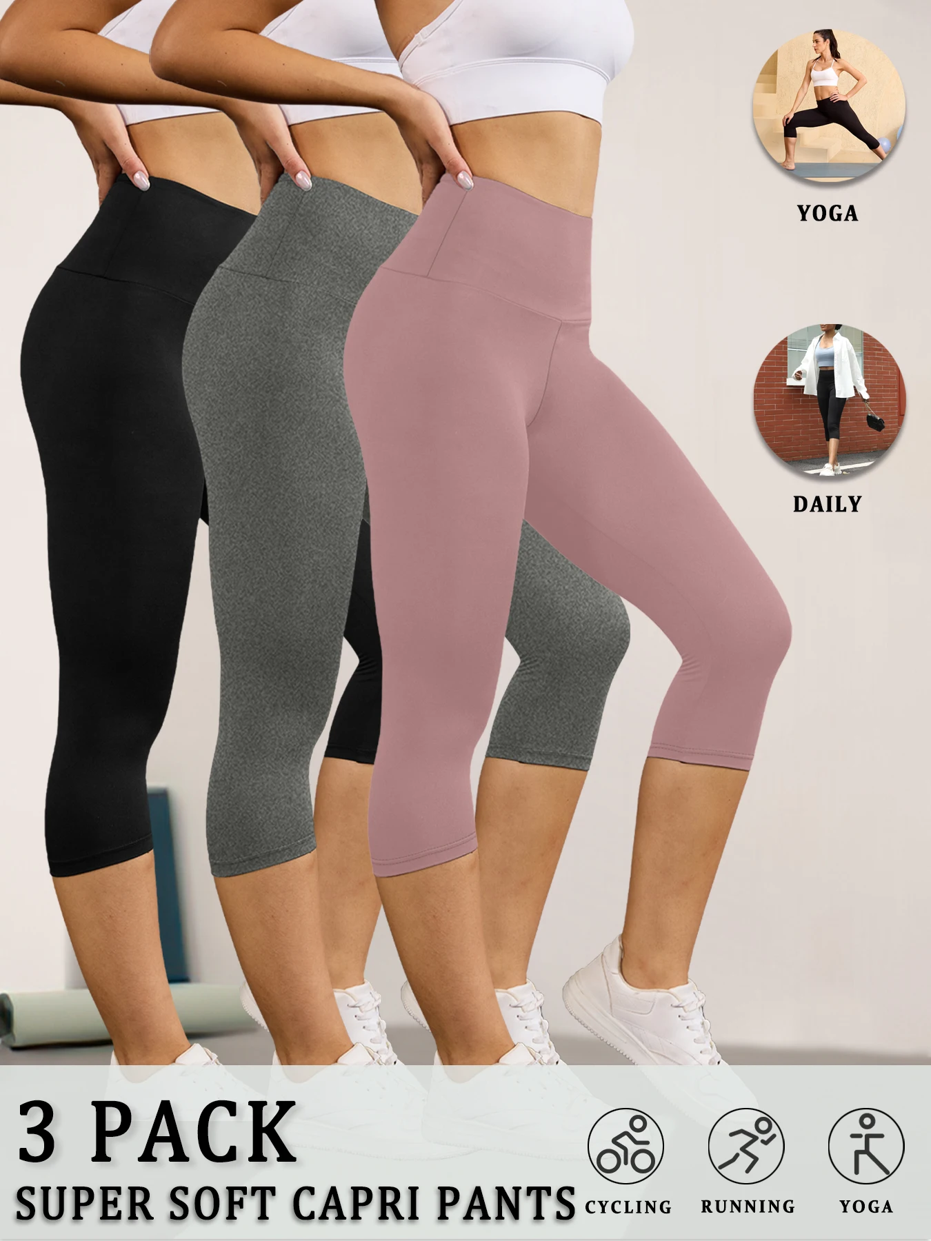 

3 Pack Women's High Waisted Capri Super Soft Tummy Control No See Through Workout Yoga Running Athletic Push Up Gym Leggings