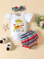 Girls Summer New Print Set Butterfly Flying Sleeves Three piece Girl Baby Set