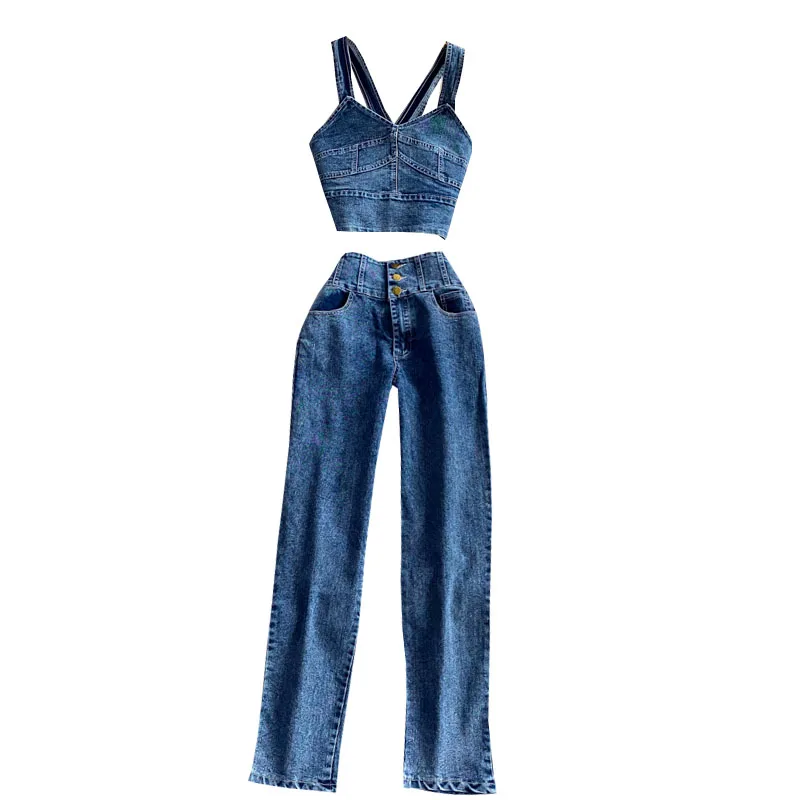 Cool Denim Pants Set For Women Spaghetti Strap Blue Tank Tops+High Waist Slim Straight Jeans Female Summer Fashion Pant Suits