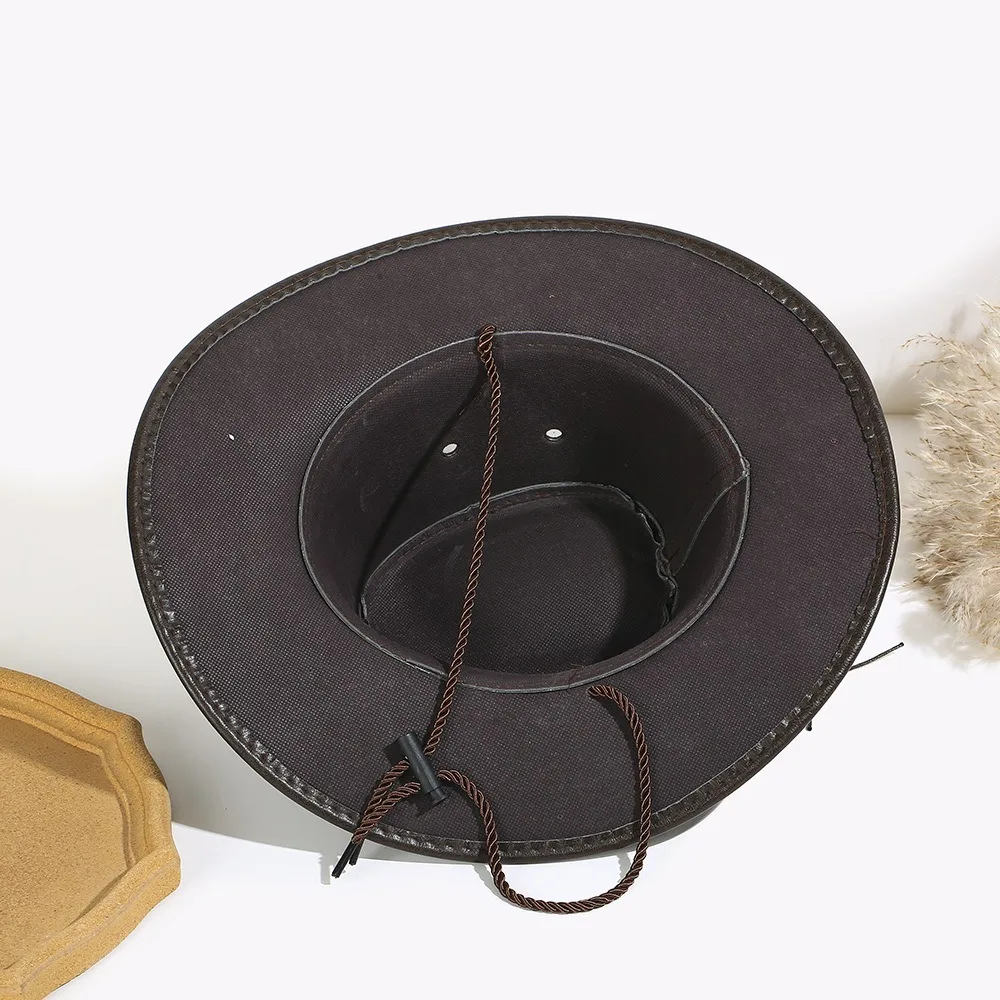 Casual Vintage Western Cowboy Hats Faux Leather Solid Color Dress Hats Tibetan Style Top Hat Unisex