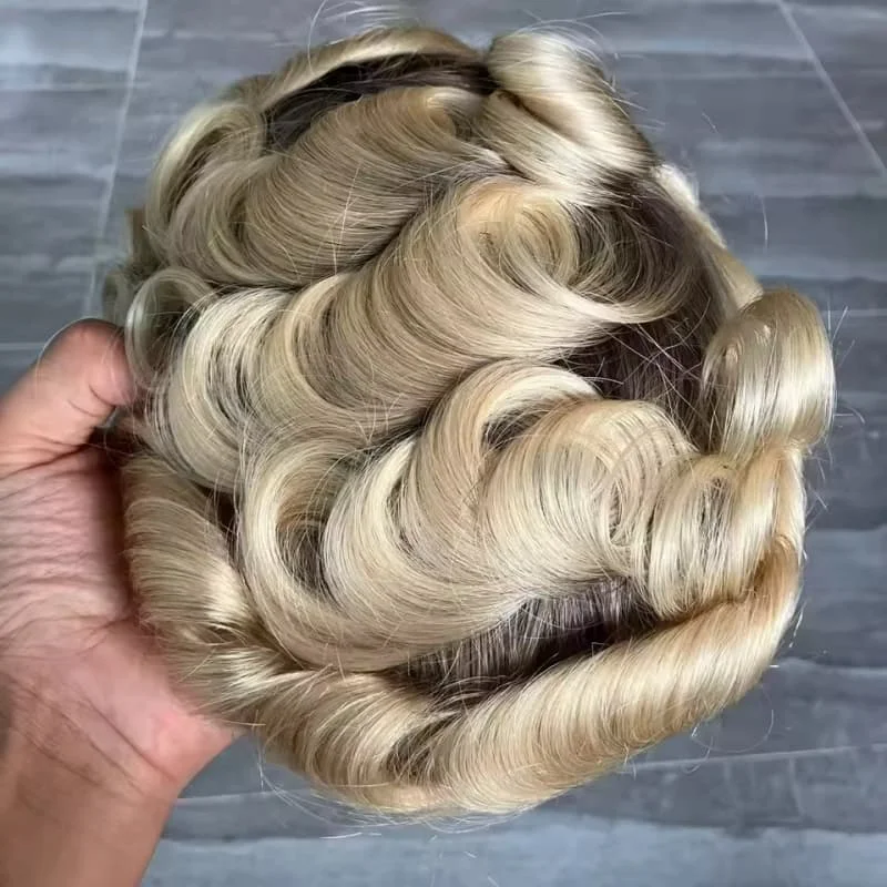 أومبير شقراء براون الجذور 4T/613 رقيقة الجلد بو قاعدة الرجال الشعر المستعار 100% الشعر البشري الهندي 110%-130% الكثافة الرجال الشعرية الاصطناعية