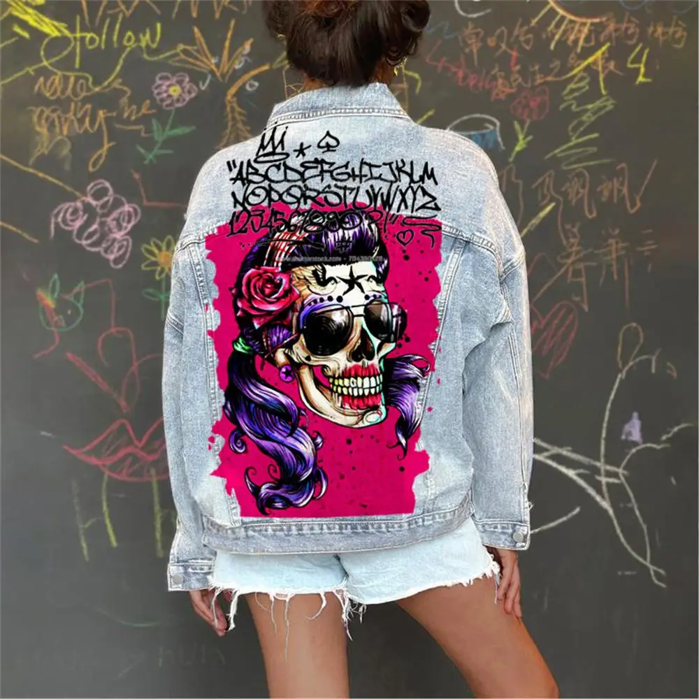 Jacketautumn Denim New Stylewomen's Hot Street Graffiti Denim Jacket Dropped Shoulders Loose Casual Single-Breasted Long-Sleeved