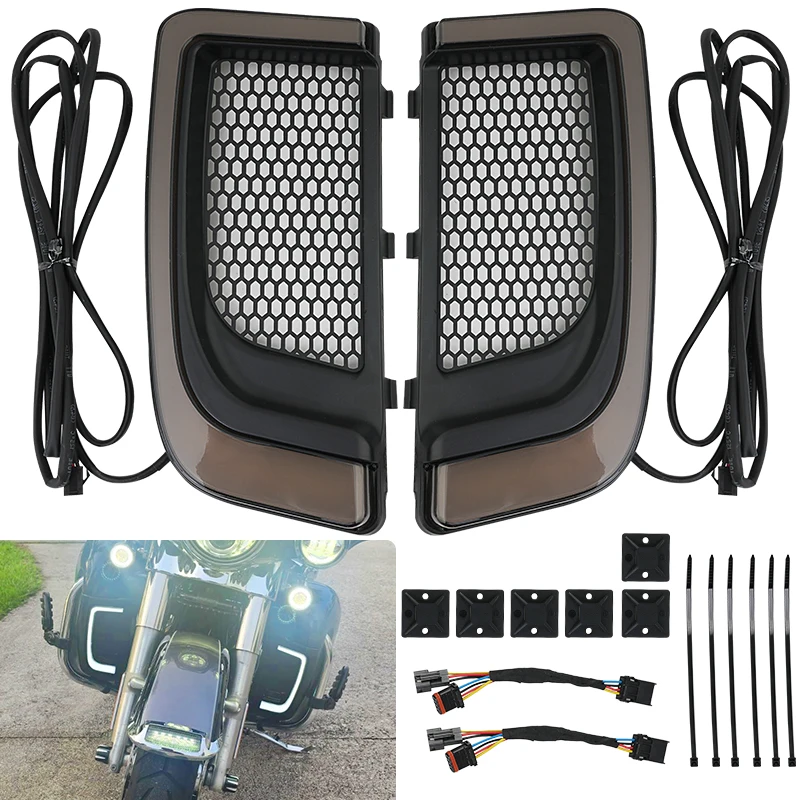 

Motorcycle LED Black Lamps Turn Signal Fairing Lower Grills Light For Harley Touring Electra Glide Ultra Street Glide 2014-2022