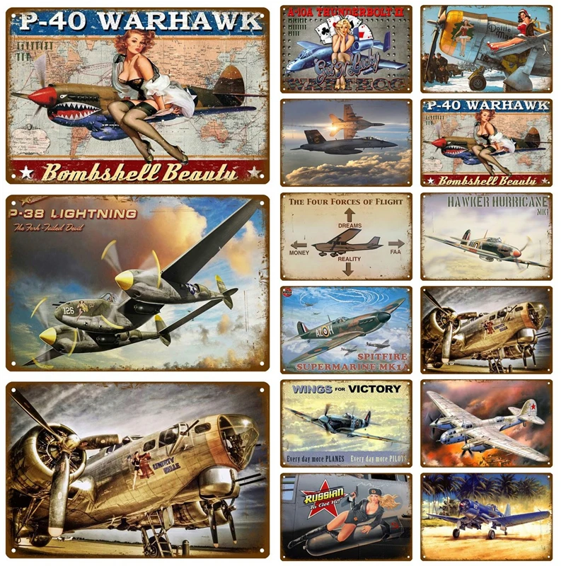 Metal Sign Aircraft Plate Retro Tin Sign Fighter Jet Plane Vintage Metal Plaque Painting Living Room Home Wall Decoration Decor