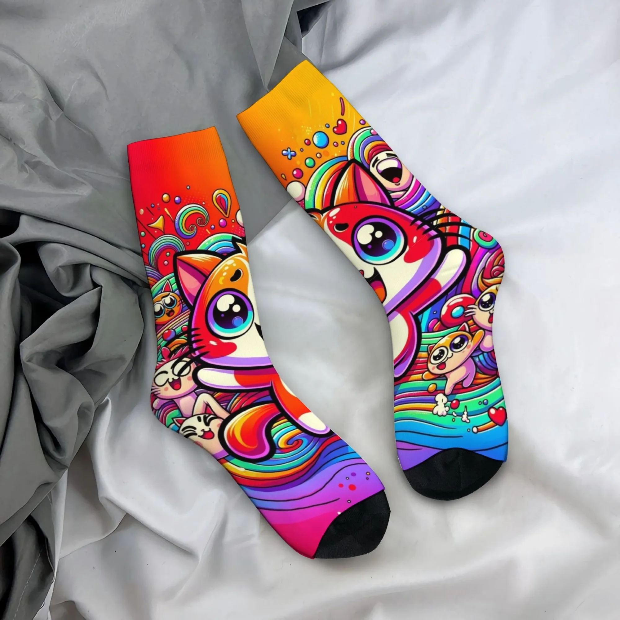 Calcetines bonitos de dibujos animados a media pantorrilla para hombre, calcetines coloridos y juguetones con estampado Pop de arcoíris y gato de dibujos animados de ojos grandes, suaves, cálidos y cómodos