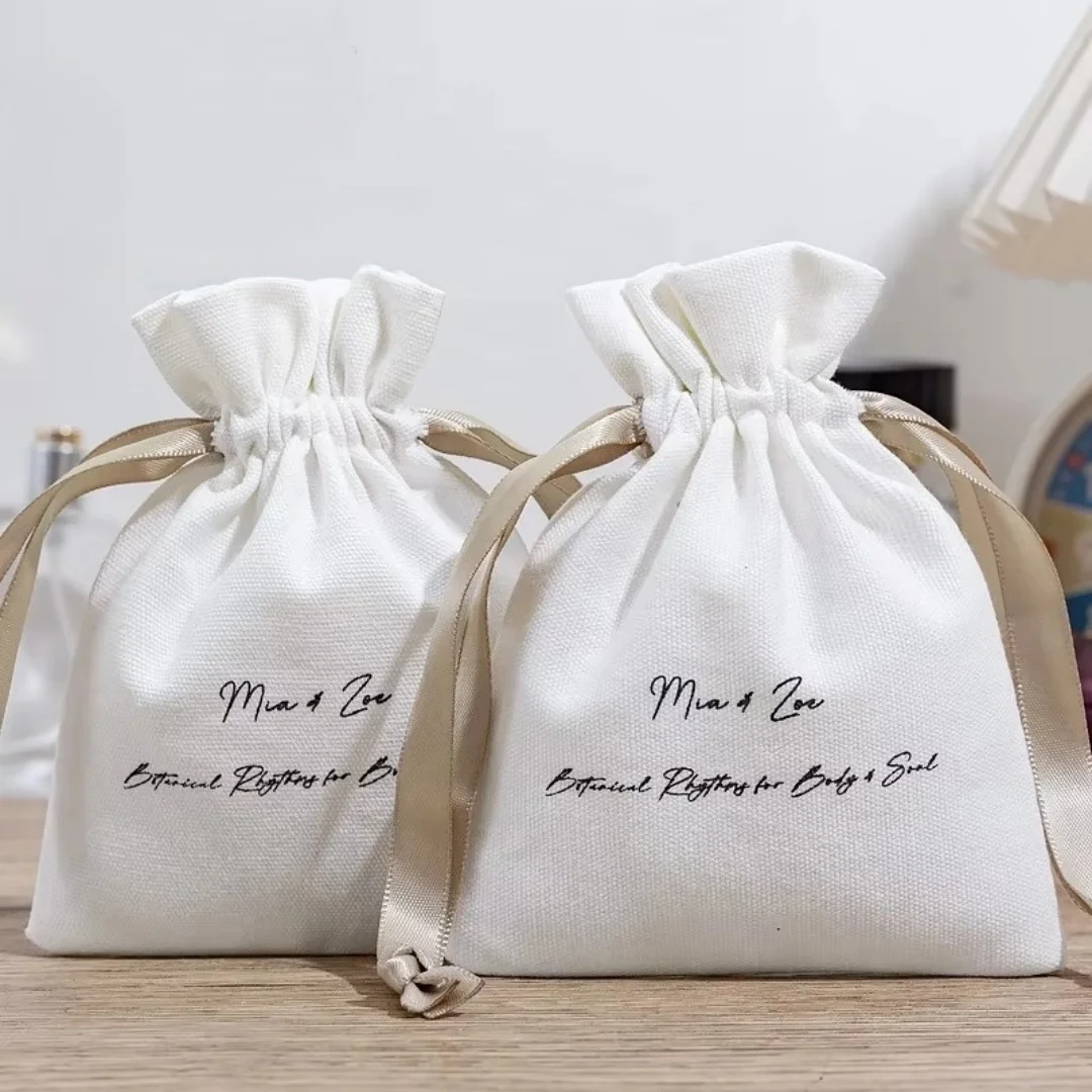

High Quality Custom Cotton Canvas Drawstring Pouch White Luxury Printed Bag for Weddings bags
