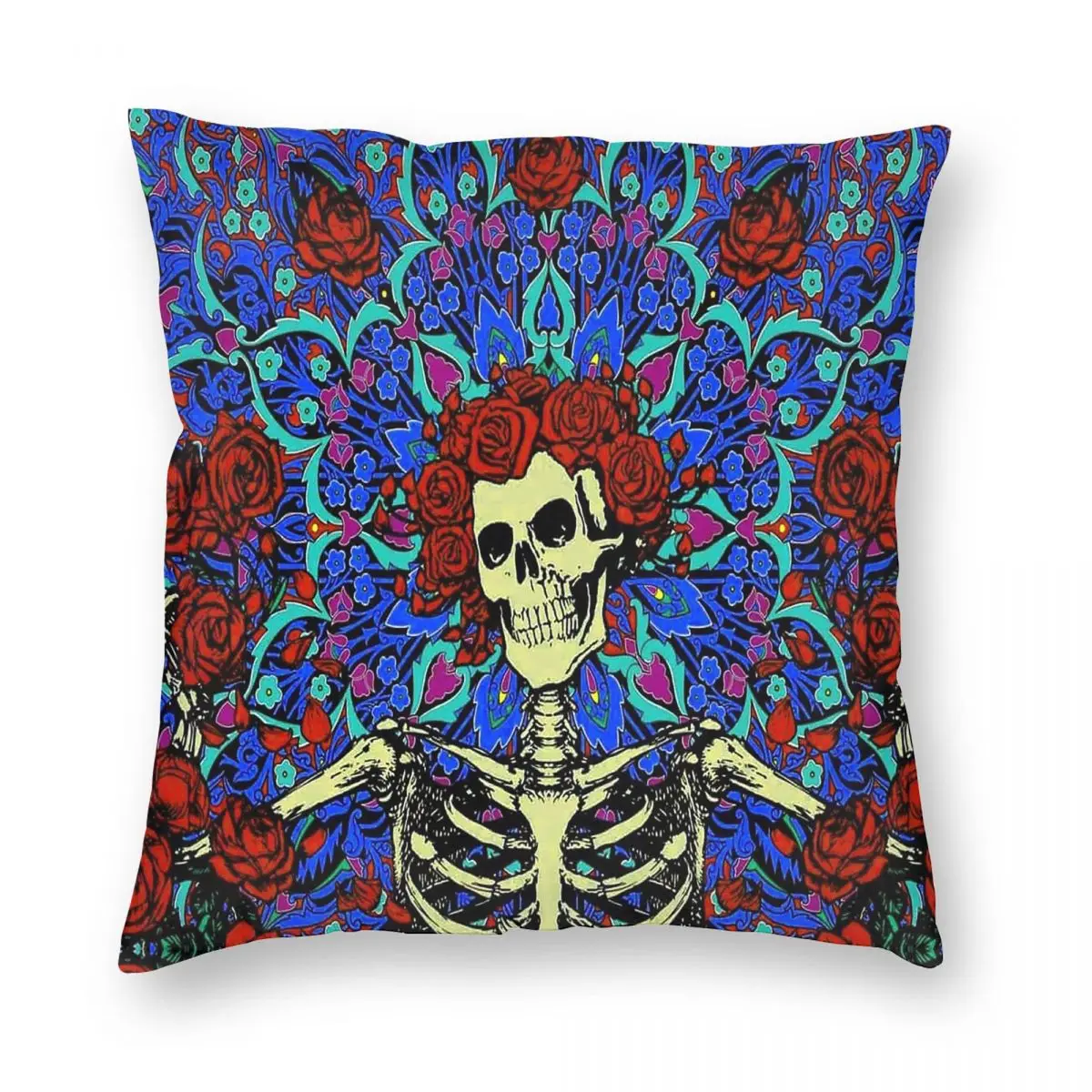 

Day Of The Dead Roses Skeleton Square Pillowcase Polyester Velvet Printed Zip Decor Throw Pillow Case